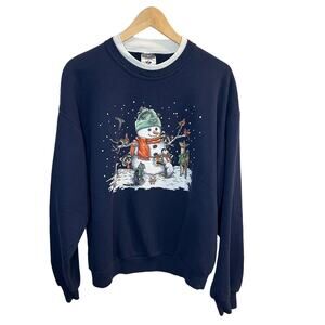 Vintage Jerzees Navy Forest Critter Snowman Sweatshirt Size Large Holiday